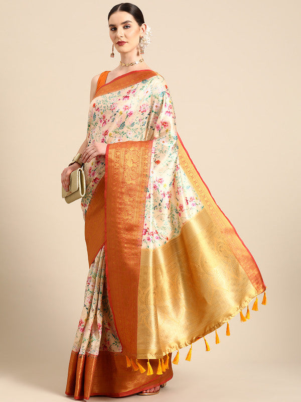 Multicolor Pure Silk Digital Print Floral Saree with Unstitched Blouse - Hiral Fashion | Grocsy