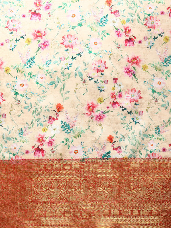 Multicolor Pure Silk Digital Print Floral Saree with Unstitched Blouse - Hiral Fashion | Grocsy