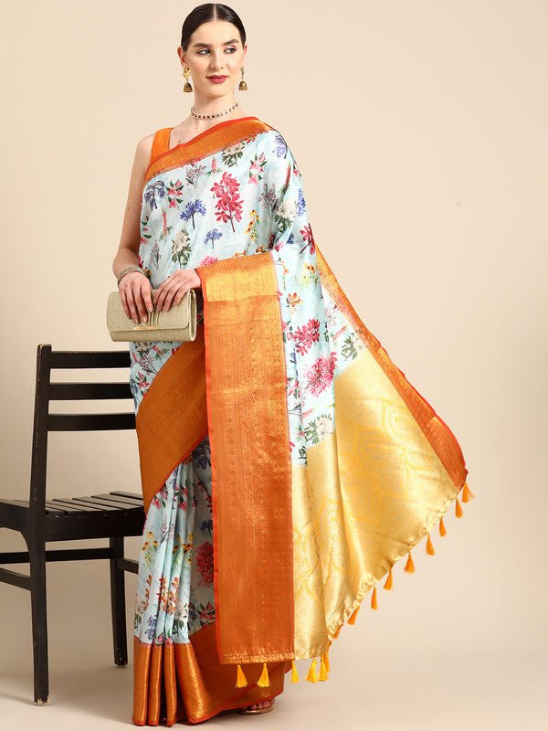 Sky Blue Pure Silk Digital Print Floral Saree with Unstitched Blouse - Hiral Fashion | Grocsy