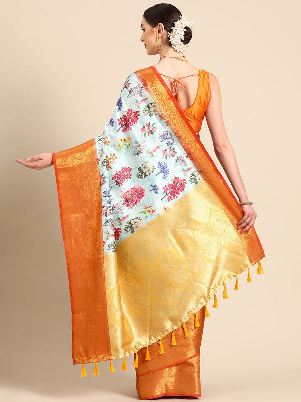 Sky Blue Pure Silk Digital Print Floral Saree with Unstitched Blouse - Hiral Fashion | Grocsy