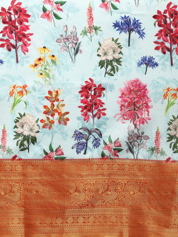 Sky Blue Pure Silk Digital Print Floral Saree with Unstitched Blouse - Hiral Fashion | Grocsy