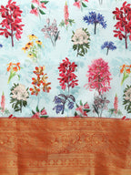 Sky Blue Pure Silk Digital Print Floral Saree with Unstitched Blouse - Hiral Fashion | Grocsy