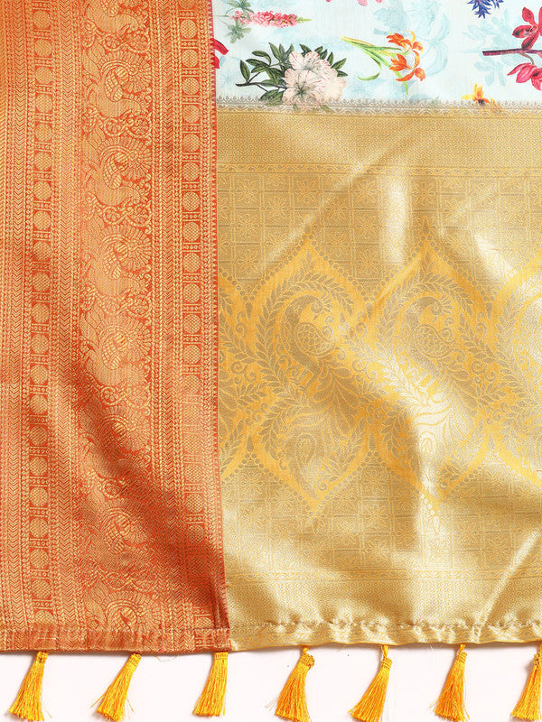 Sky Blue Pure Silk Digital Print Floral Saree with Unstitched Blouse - Hiral Fashion | Grocsy