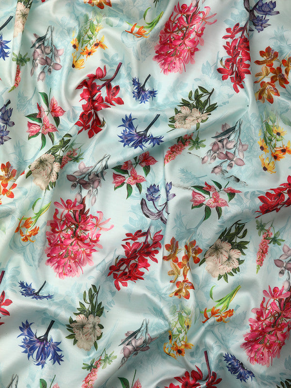Sky Blue Pure Silk Digital Print Floral Saree with Unstitched Blouse - Hiral Fashion | Grocsy