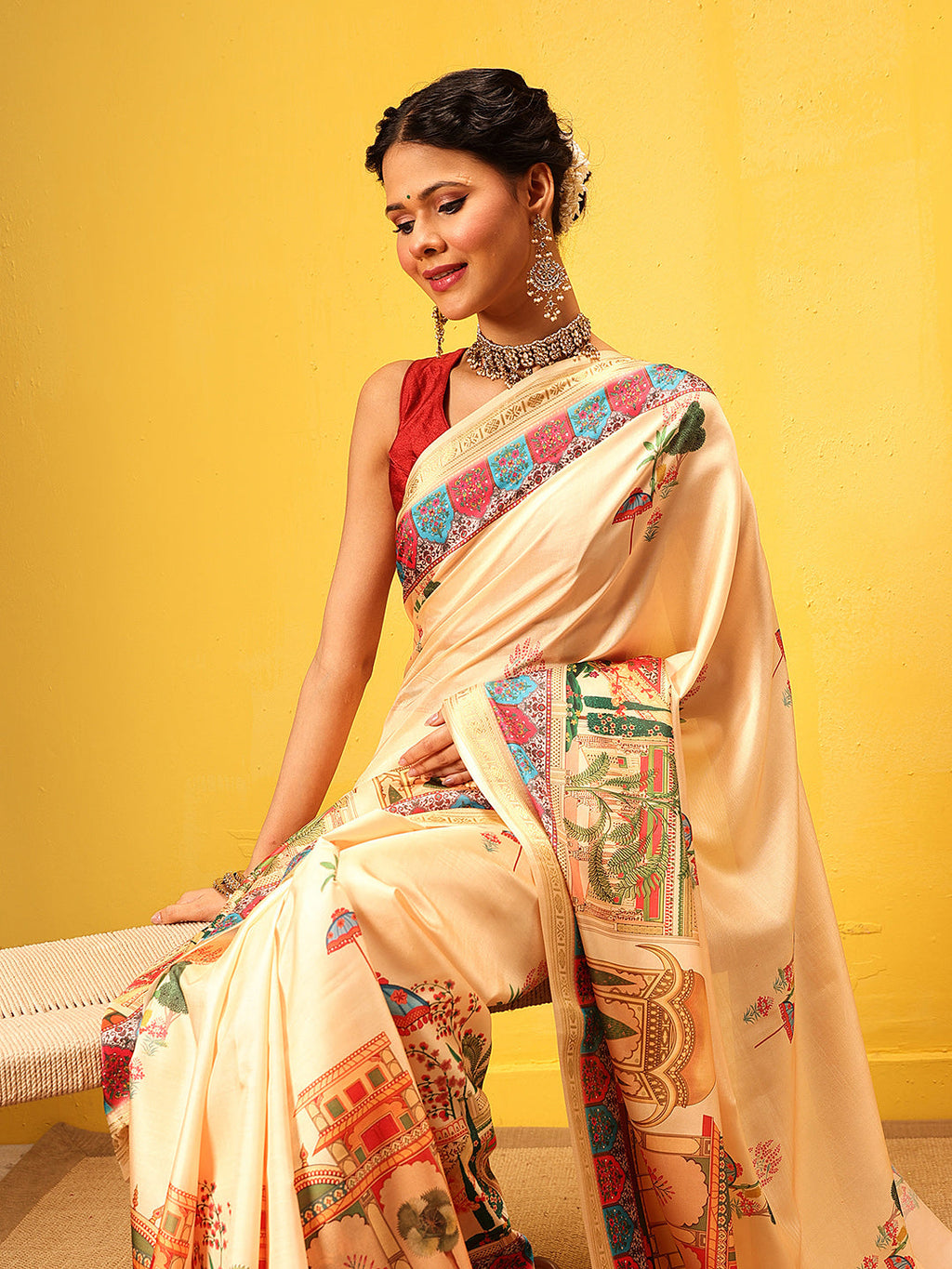 Hiral Fashion Beige Banarasi Art Silk Abstract Digital Printed Saree | Grocsy