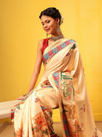 Hiral Fashion Beige Banarasi Art Silk Abstract Digital Printed Saree | Grocsy