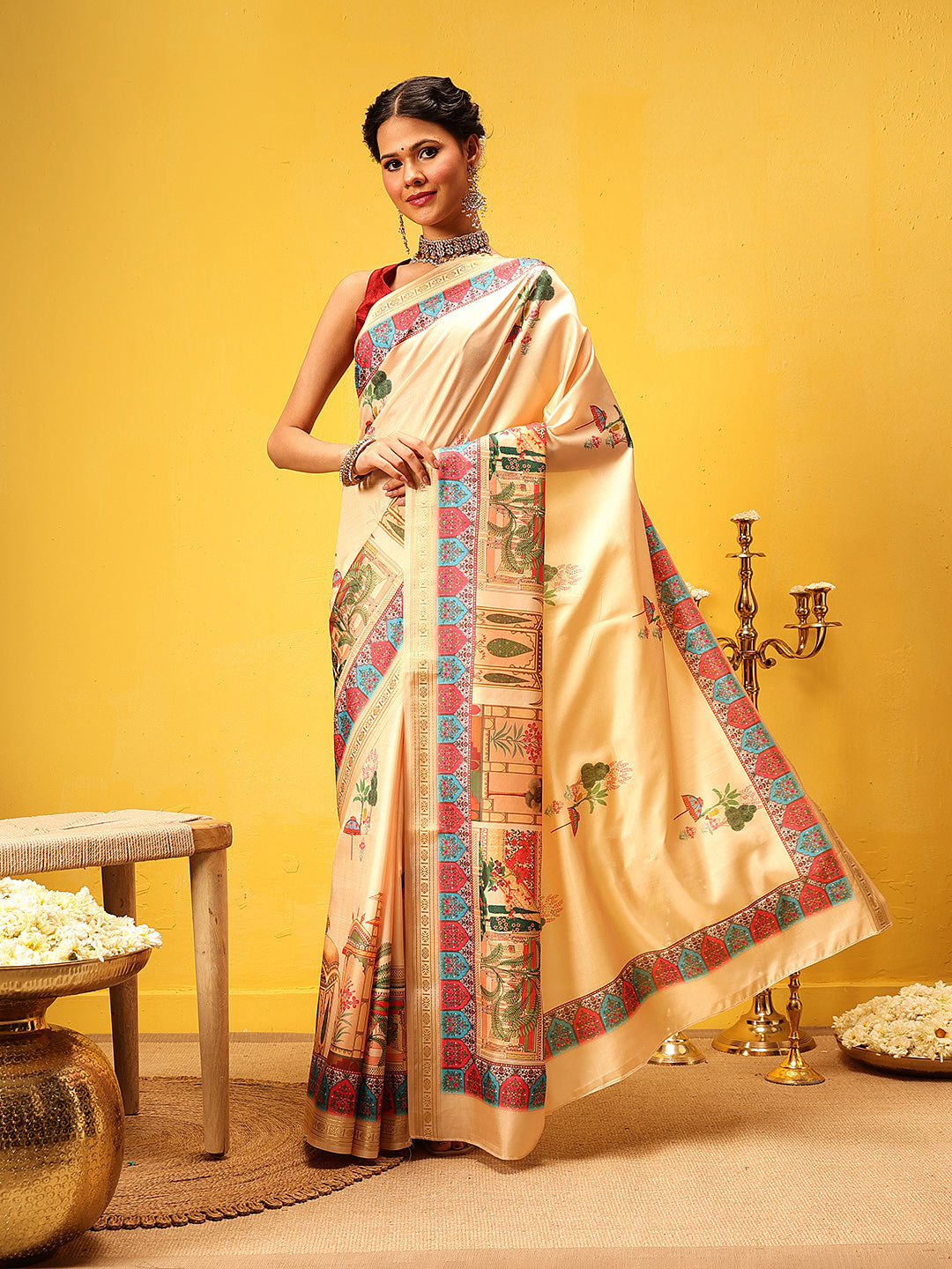 Hiral Fashion Beige Banarasi Art Silk Abstract Digital Printed Saree | Grocsy