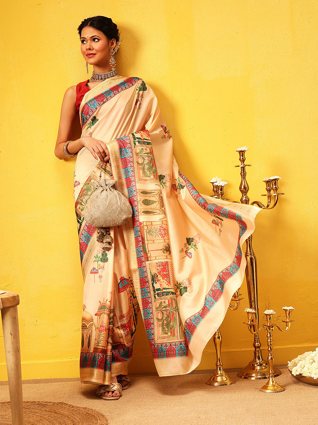 Hiral Fashion Beige Banarasi Art Silk Abstract Digital Printed Saree | Grocsy