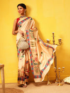 Hiral Fashion Beige Banarasi Art Silk Abstract Digital Printed Saree | Grocsy