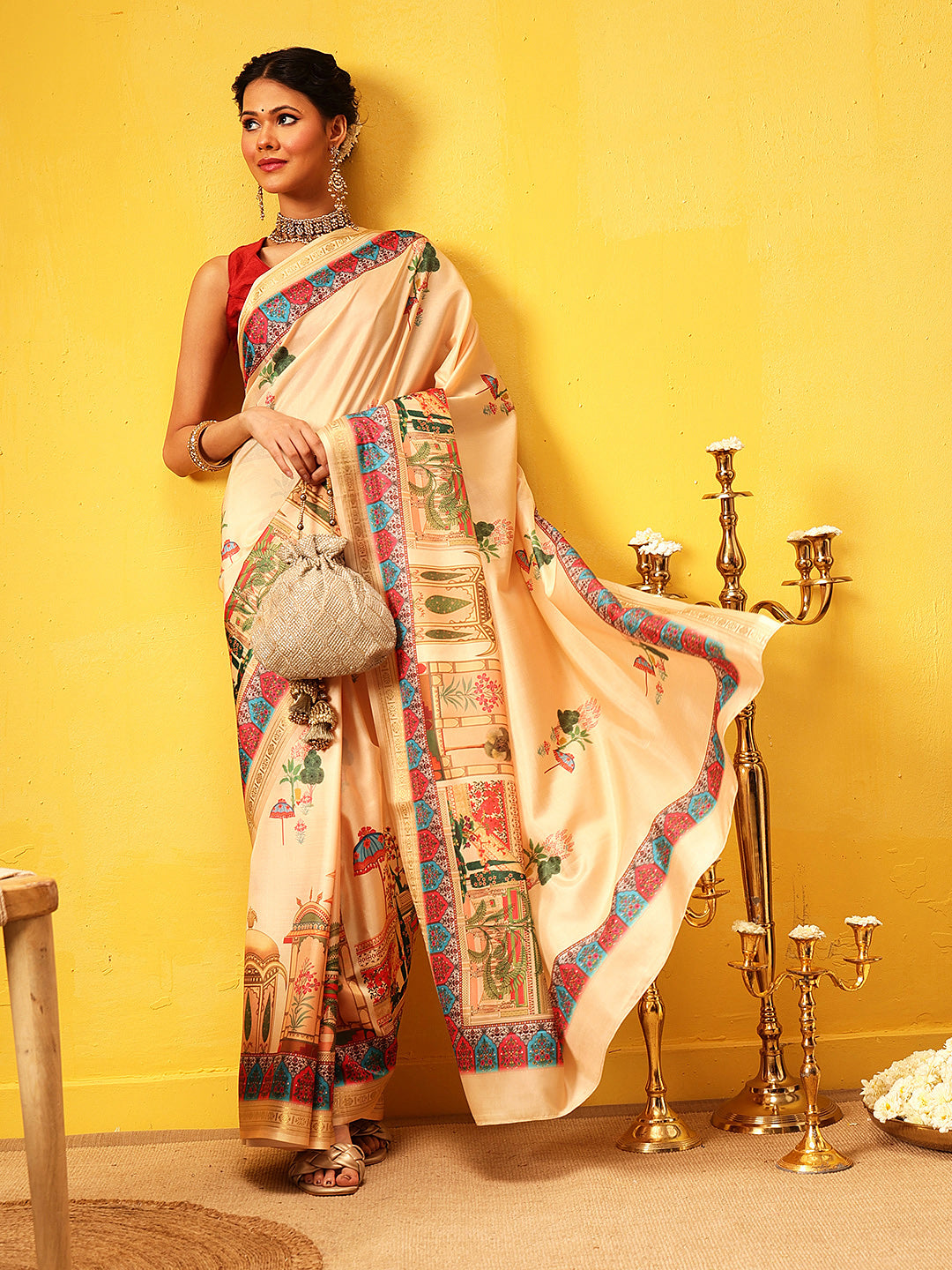 Hiral Fashion Beige Banarasi Art Silk Abstract Digital Printed Saree | Grocsy