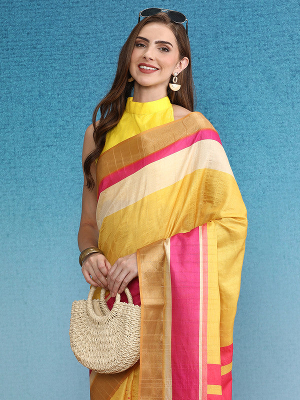 Mustard Tusser Silk Digital Print Solid Saree with Unstitched Blouse - Hiral Fashion | Grocsy
