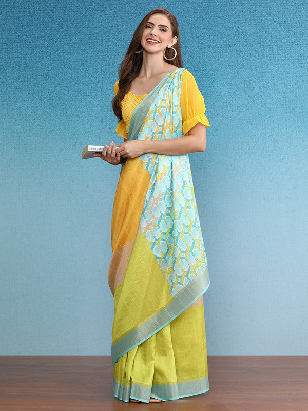Multicolor Tusser Silk Digital Print Solid Saree with Unstitched Blouse - Hiral Fashion | Grocsy