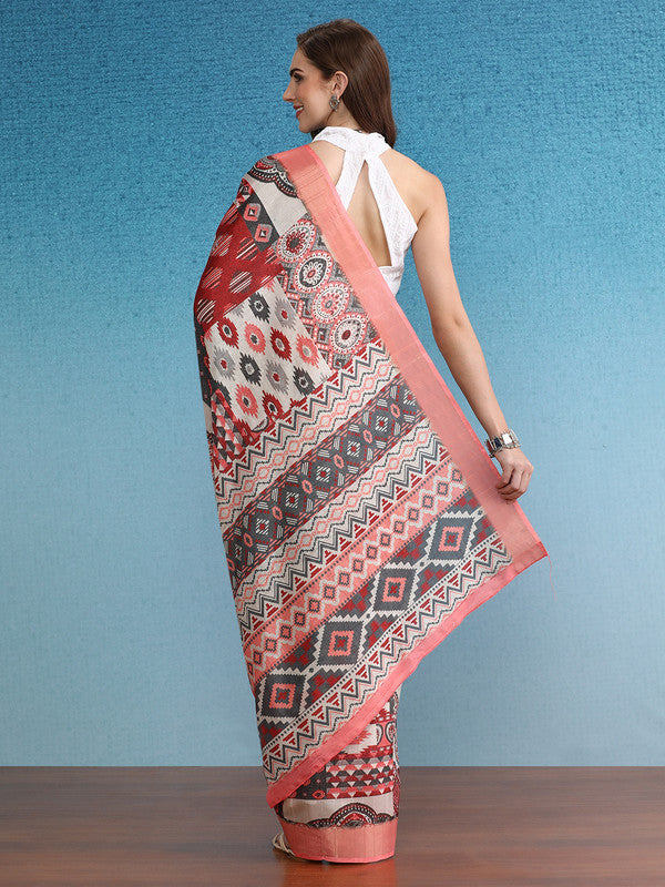 Multicolor Tusser Silk Digital Print Abstract Saree with Unstitched Blouse - Hiral Fashion | Grocsy