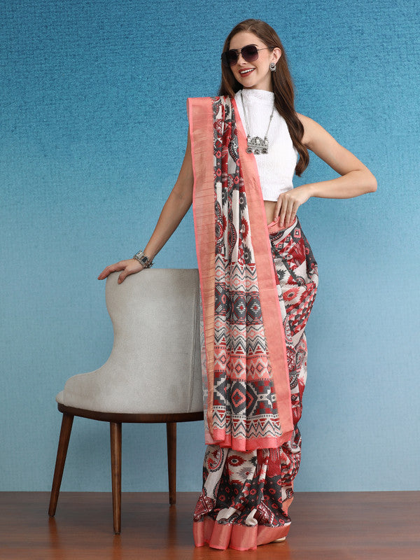 Multicolor Tusser Silk Digital Print Abstract Saree with Unstitched Blouse - Hiral Fashion | Grocsy