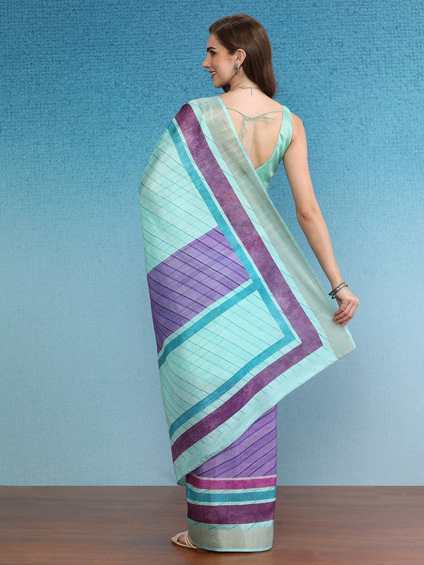 Purple Tusser Silk Digital Print Striped Saree with Unstitched Blouse - Hiral Fashion | Grocsy