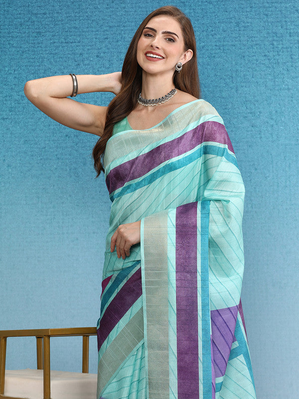 Purple Tusser Silk Digital Print Striped Saree with Unstitched Blouse - Hiral Fashion | Grocsy