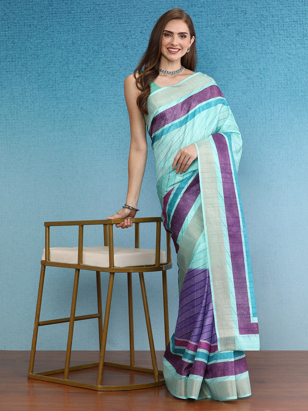 Purple Tusser Silk Digital Print Striped Saree with Unstitched Blouse - Hiral Fashion | Grocsy