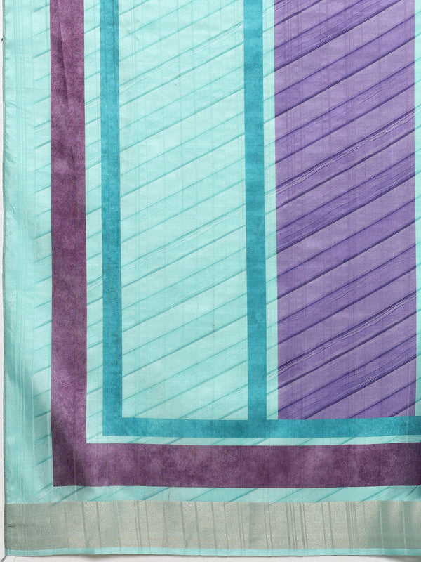 Purple Tusser Silk Digital Print Striped Saree with Unstitched Blouse - Hiral Fashion | Grocsy