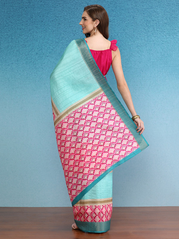 Turquoise Tusser Silk Digital Print Striped Saree with Unstitched Blouse - Hiral Fashion | Grocsy