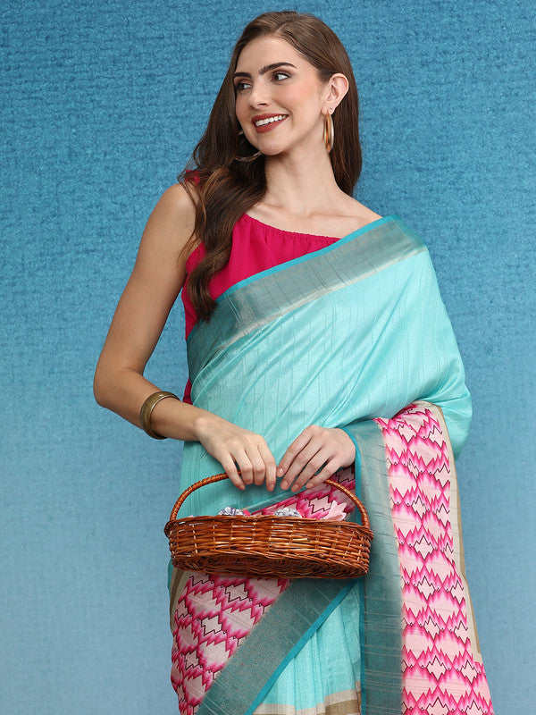 Turquoise Tusser Silk Digital Print Striped Saree with Unstitched Blouse - Hiral Fashion | Grocsy