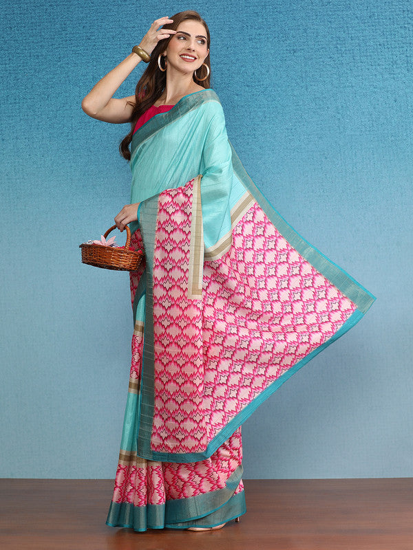 Turquoise Tusser Silk Digital Print Striped Saree with Unstitched Blouse - Hiral Fashion | Grocsy