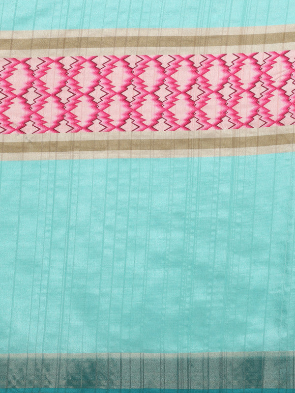 Turquoise Tusser Silk Digital Print Striped Saree with Unstitched Blouse - Hiral Fashion | Grocsy