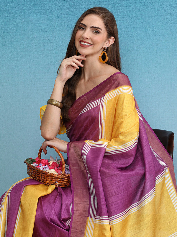 Yellow Tusser Silk Digital Print Solid Saree with Unstitched Blouse - Hiral Fashion | Grocsy
