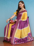 Yellow Tusser Silk Digital Print Solid Saree with Unstitched Blouse - Hiral Fashion | Grocsy