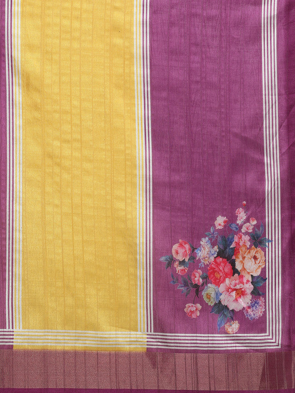 Yellow Tusser Silk Digital Print Solid Saree with Unstitched Blouse - Hiral Fashion | Grocsy
