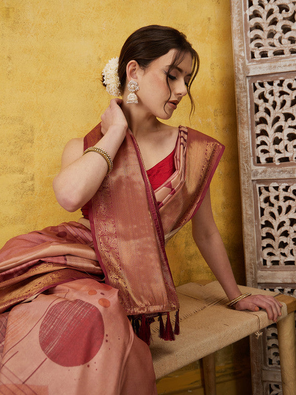 Peach Tusser Silk Digital Print Striped Saree with Unstitched Blouse - Hiral Fashion | Grocsy