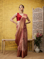 Peach Tusser Silk Digital Print Striped Saree with Unstitched Blouse - Hiral Fashion | Grocsy