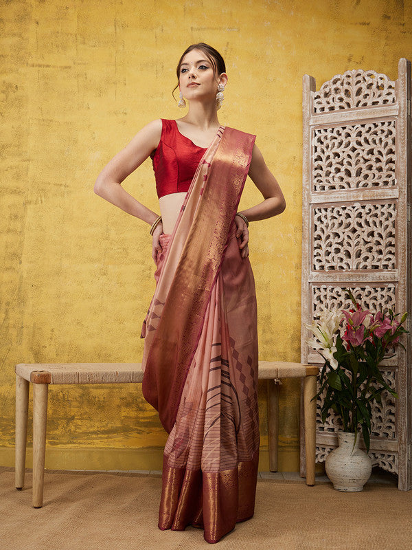 Peach Tusser Silk Digital Print Striped Saree with Unstitched Blouse - Hiral Fashion | Grocsy