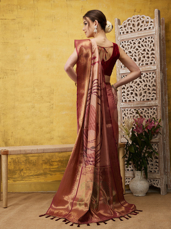 Peach Tusser Silk Digital Print Striped Saree with Unstitched Blouse - Hiral Fashion | Grocsy