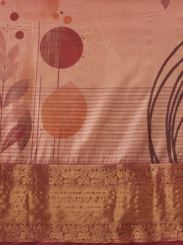 Peach Tusser Silk Digital Print Striped Saree with Unstitched Blouse - Hiral Fashion | Grocsy
