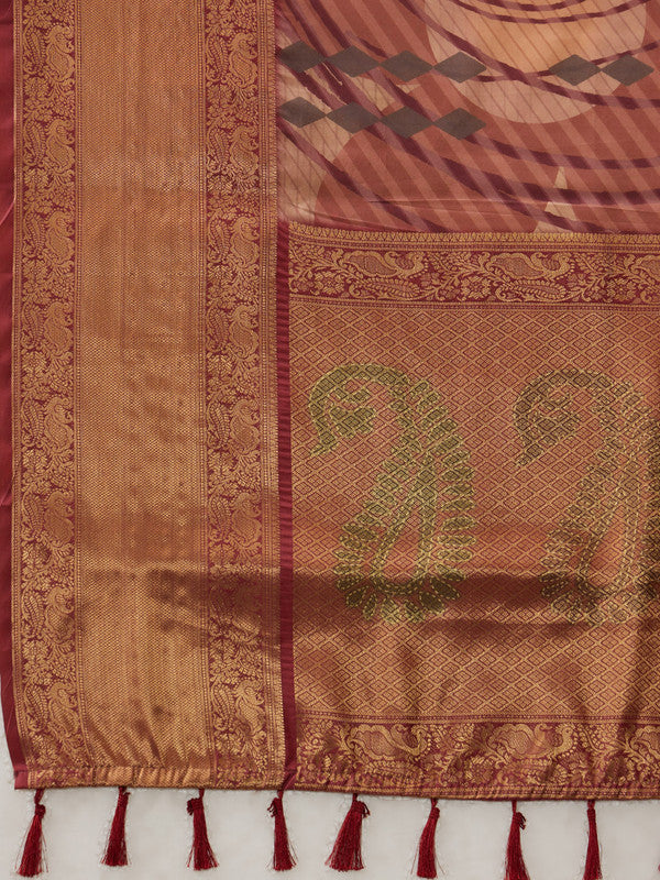 Peach Tusser Silk Digital Print Striped Saree with Unstitched Blouse - Hiral Fashion | Grocsy