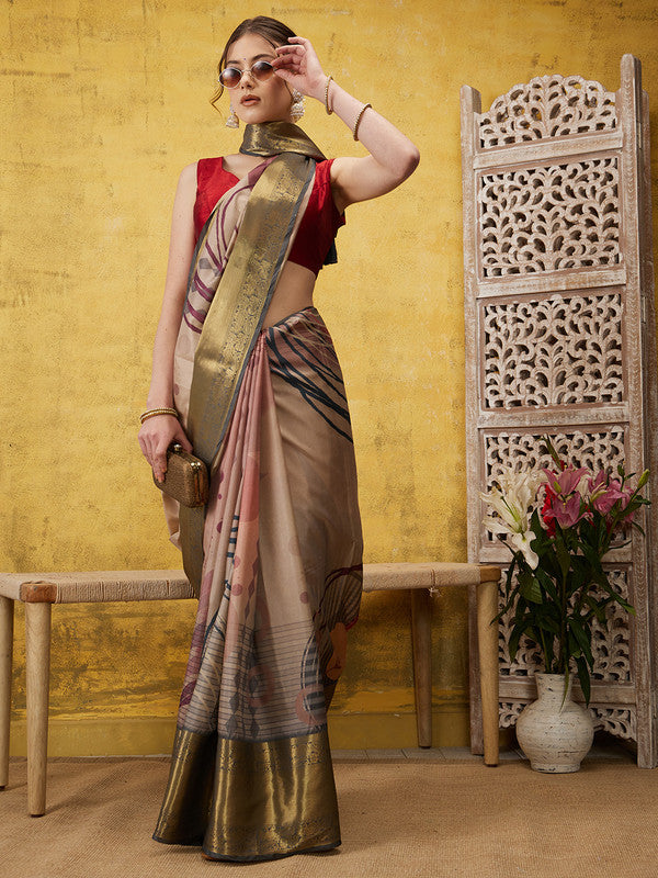 Multicolor Tusser Silk Digital Print Striped Saree with Unstitched Blouse - Hiral Fashion | Grocsy