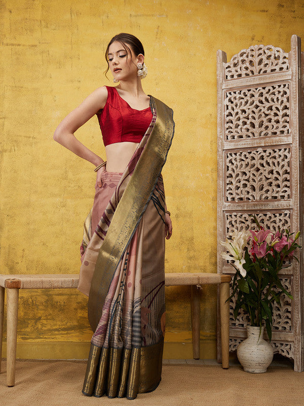 Multicolor Tusser Silk Digital Print Striped Saree with Unstitched Blouse - Hiral Fashion | Grocsy