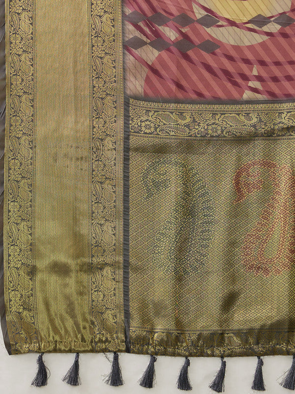 Multicolor Tusser Silk Digital Print Striped Saree with Unstitched Blouse - Hiral Fashion | Grocsy