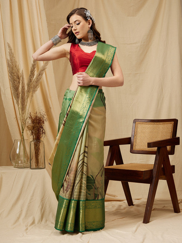 Multicolor Tusser Silk Digital Print Striped Saree with Unstitched Blouse - Hiral Fashion | Grocsy