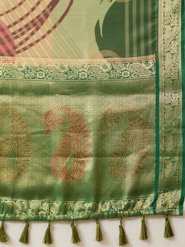 Multicolor Tusser Silk Digital Print Striped Saree with Unstitched Blouse - Hiral Fashion | Grocsy