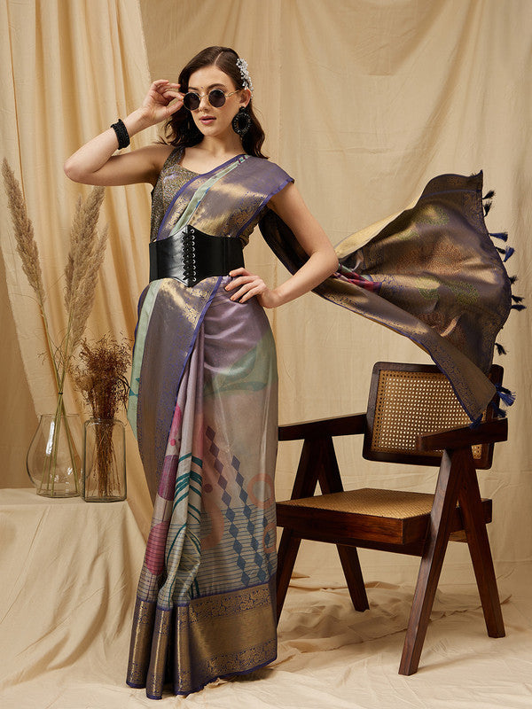 Multicolor Tusser Silk Digital Print Striped Saree with Unstitched Blouse - Hiral Fashion | Grocsy