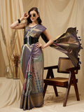 Multicolor Tusser Silk Digital Print Striped Saree with Unstitched Blouse - Hiral Fashion | Grocsy