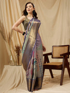 Multicolor Tusser Silk Digital Print Striped Saree with Unstitched Blouse - Hiral Fashion | Grocsy