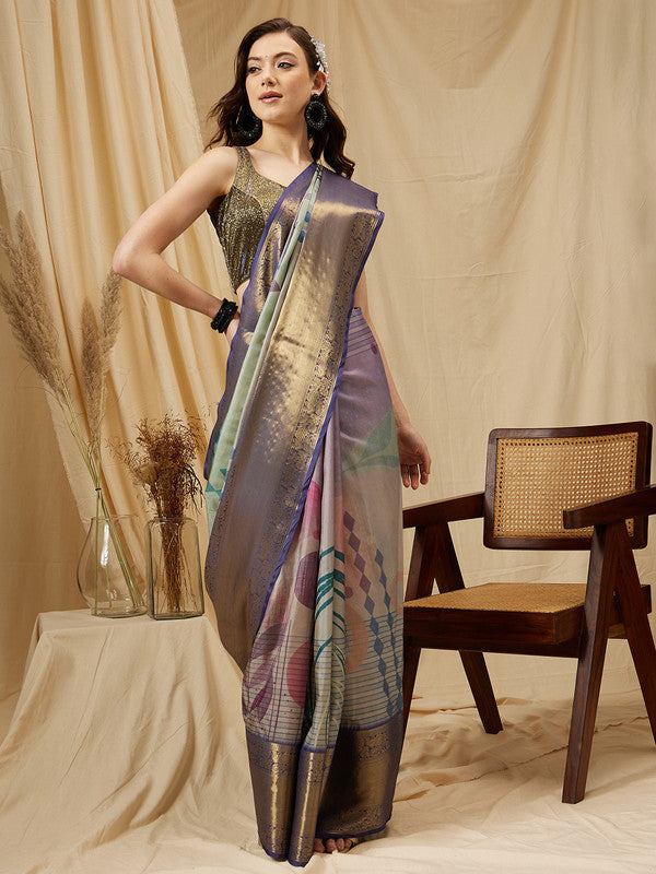 Multicolor Tusser Silk Digital Print Striped Saree with Unstitched Blouse - Hiral Fashion | Grocsy