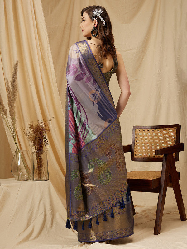Multicolor Tusser Silk Digital Print Striped Saree with Unstitched Blouse - Hiral Fashion | Grocsy