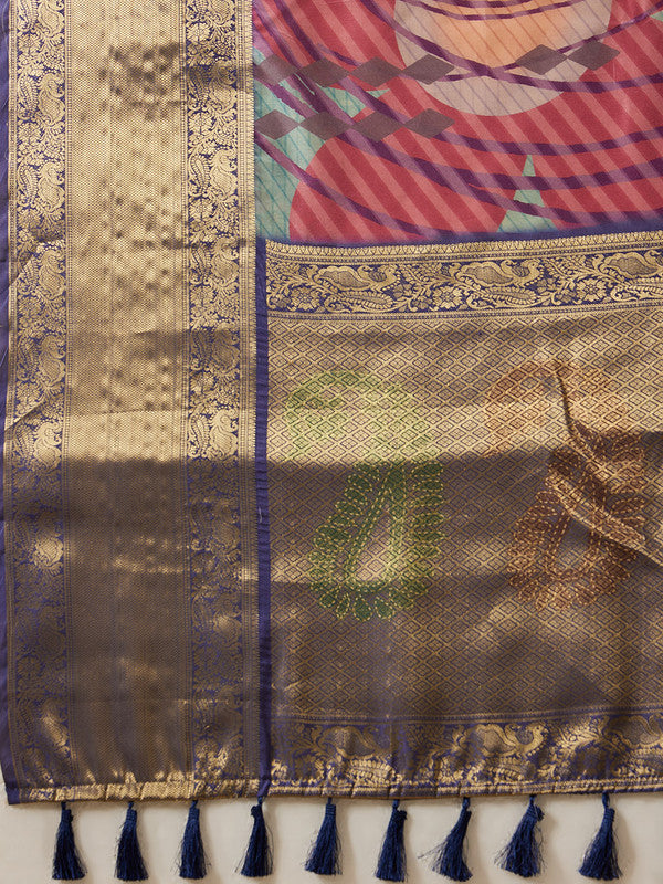 Multicolor Tusser Silk Digital Print Striped Saree with Unstitched Blouse - Hiral Fashion | Grocsy