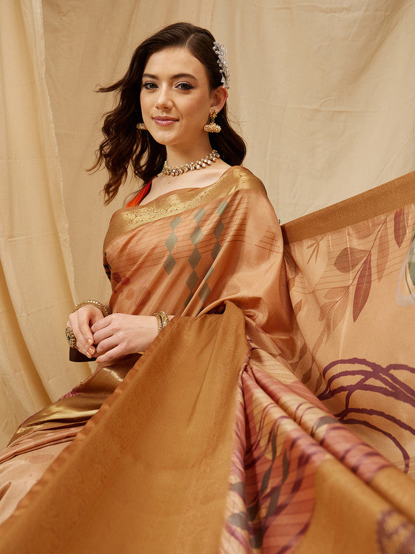 Multicolor Tusser Silk Digital Print Striped Saree with Unstitched Blouse - Hiral Fashion | Grocsy
