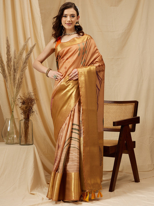 Multicolor Tusser Silk Digital Print Striped Saree with Unstitched Blouse - Hiral Fashion | Grocsy