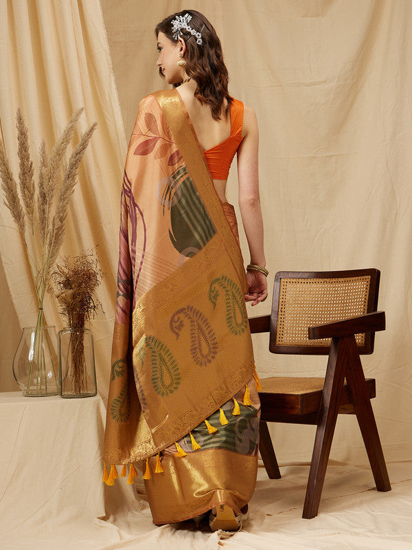 Multicolor Tusser Silk Digital Print Striped Saree with Unstitched Blouse - Hiral Fashion | Grocsy