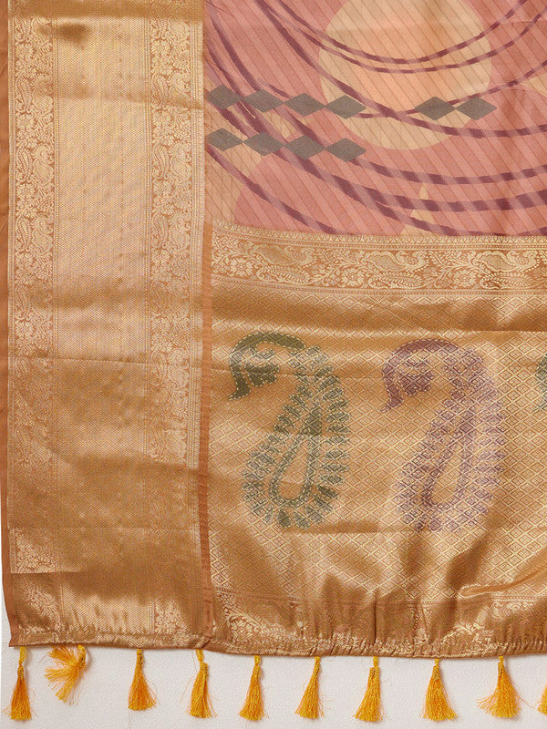 Multicolor Tusser Silk Digital Print Striped Saree with Unstitched Blouse - Hiral Fashion | Grocsy